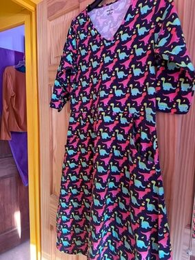 SVAHA Rainbow Dinosaur Dress size Large Pockets Aline -fit & flare